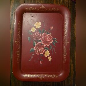 Vintage Floral Toleware Tray Red Rustic